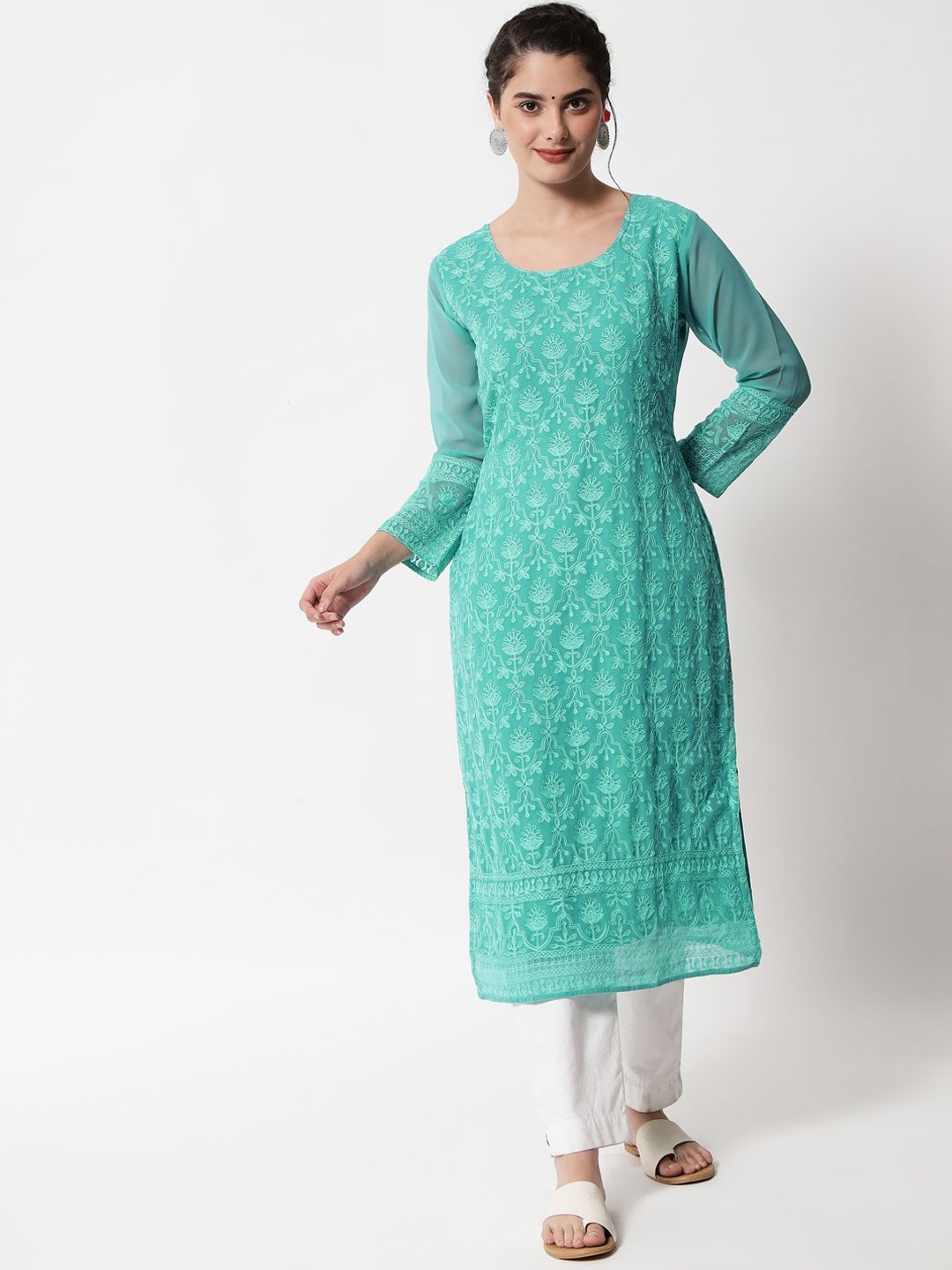 

HERE&NOW Women Floral Embroidered Thread Work Georgette Kurta, Blue