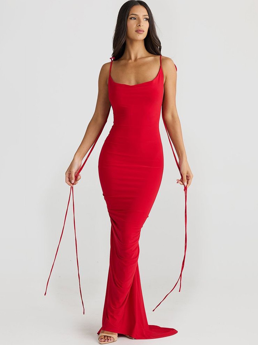 

LULU & SKY Women Shoulder Straps Sleeveless Backless Maxi Dress, Red