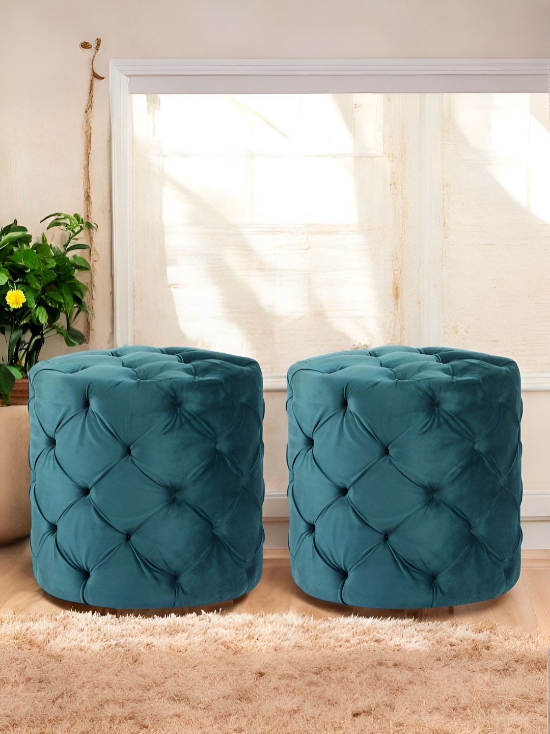 

Ikiriya 2-Pcs Turquoise Blue Wooden Velvet Round Ottomans 2Pc Wooden Round Ottomans