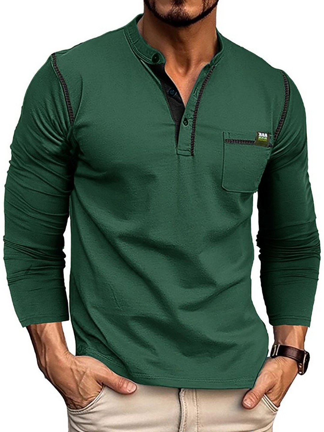

StyleCast x Revolte Men Solid Mandarin Collar Cotton T-shirt, Green