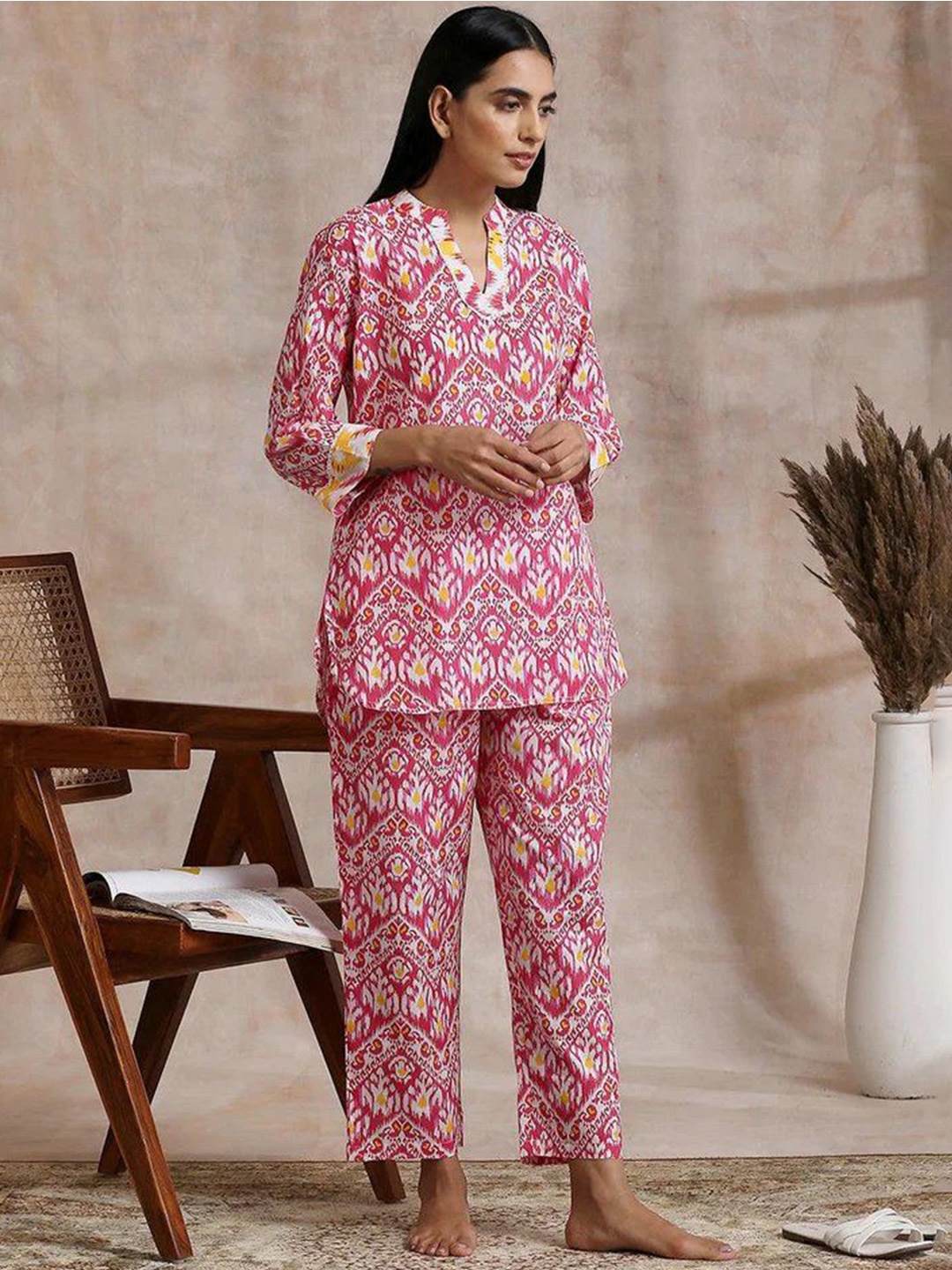 

all about you Mandarin Collar Printed Tunic With Trouser, Pink