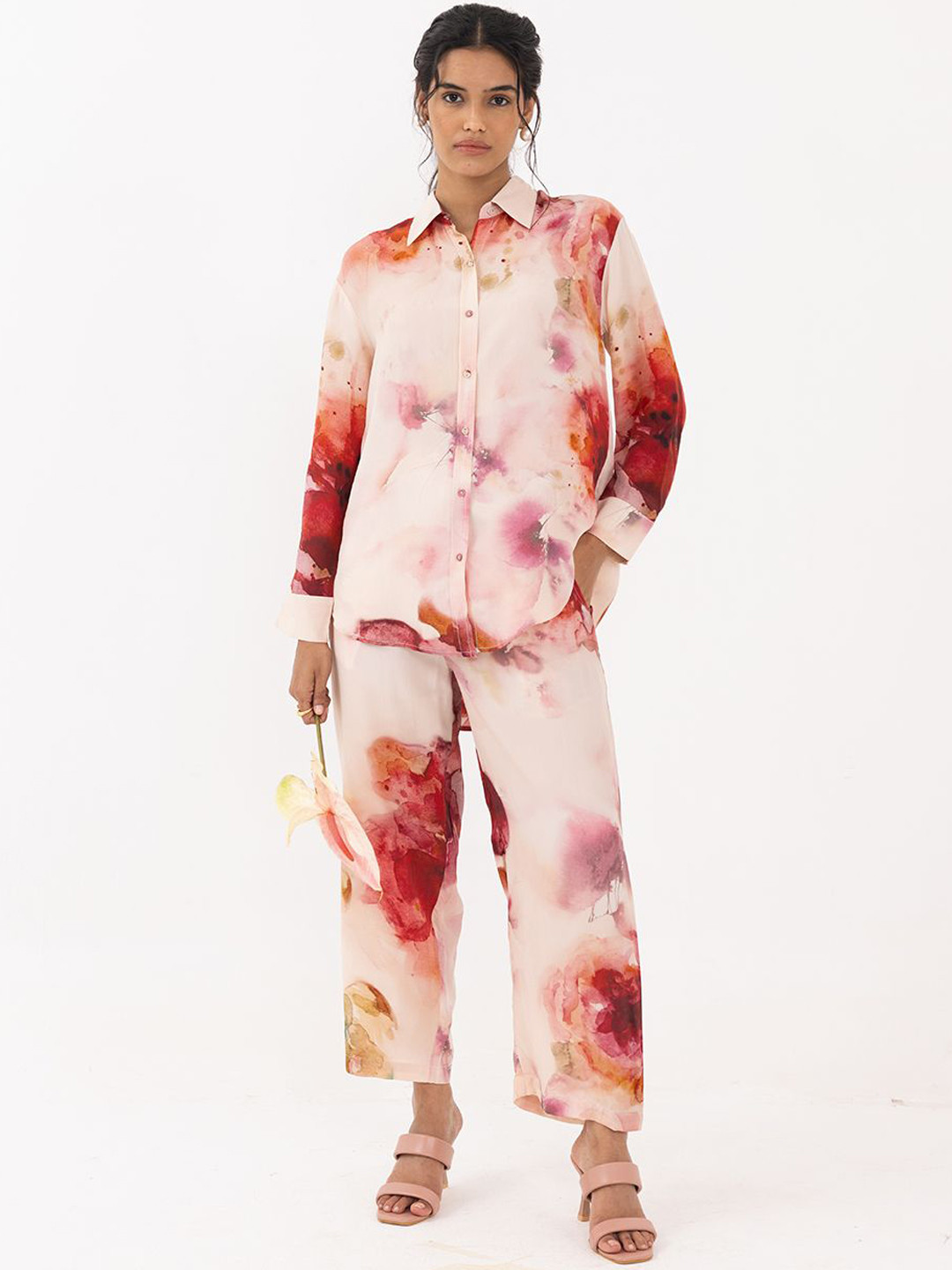 

THR3Letter Floral Printed Shirt Collar Long Sleeves Shirt & Trouser, Pink