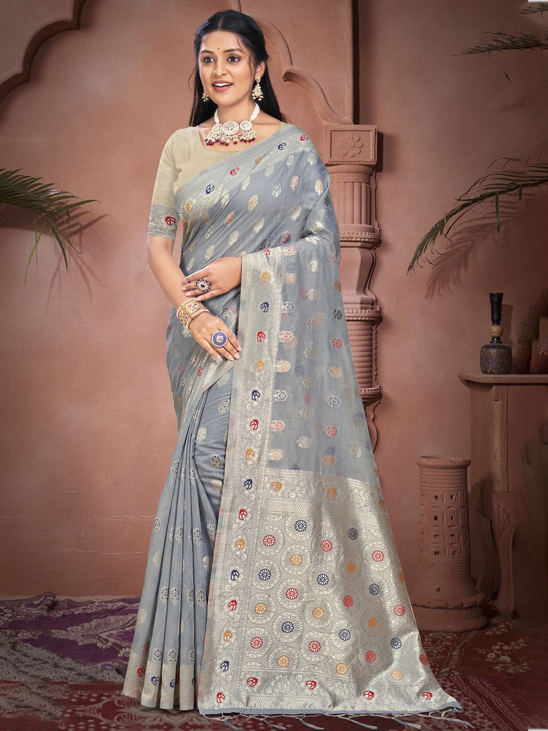 

SANGAM PRINTS Woven Design Zari Tussar Saree, Grey