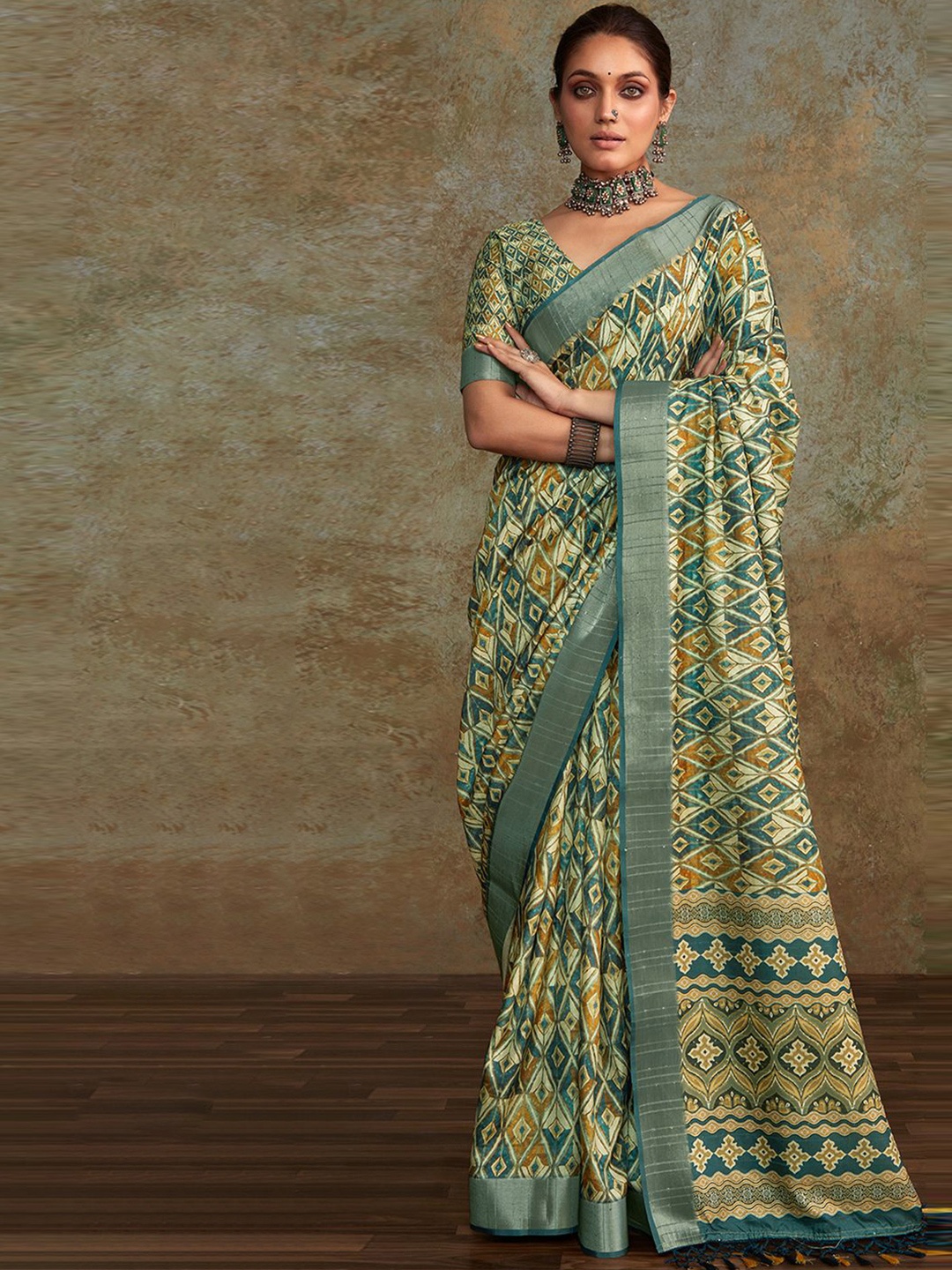 

Satrani Zari Printed Pure Silk Sungudi Saree, Green