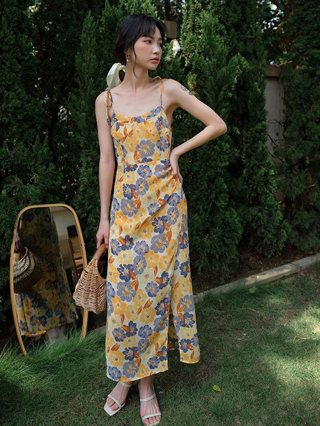 

LULU & SKY Women Floral Printed Shoulder Straps Maxi Dress, Yellow