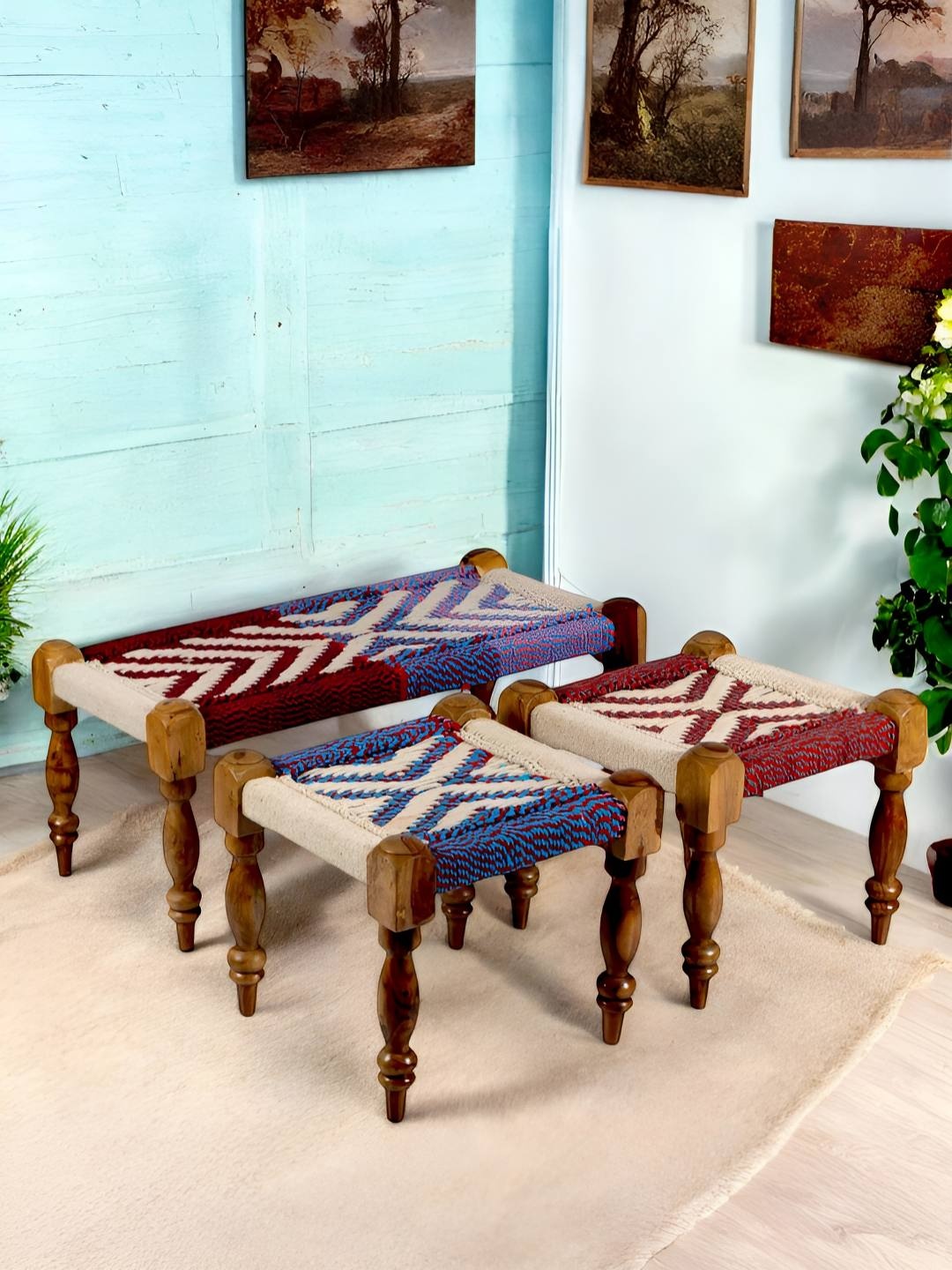 

Ikiriya Brown & Blue 3+1+1 Maachi Bench Set with 2 Stools, Beige