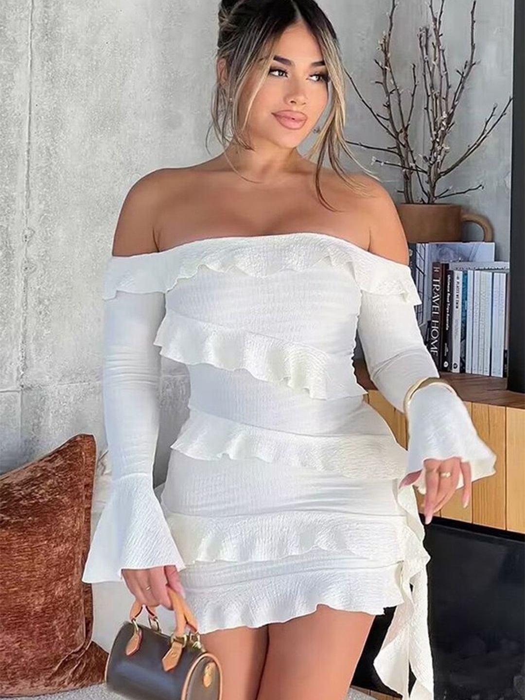 

LULU & SKY Women Off-Shoulder Bell Sleeves Bodycon Mini Dress, White