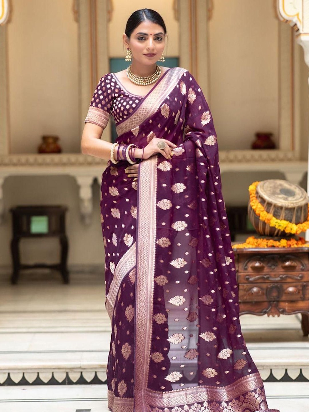 

Anouk Woven Design Zari Silk Blend Banarasi Saree, Magenta