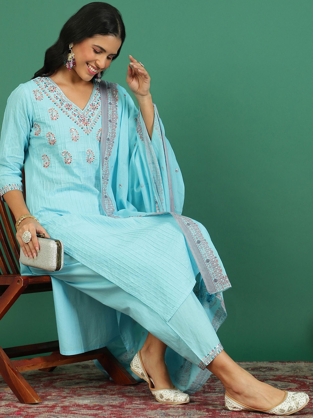 

Sangria Embroidered Cotton Kurta With Trousers & Dupatta, Turquoise blue