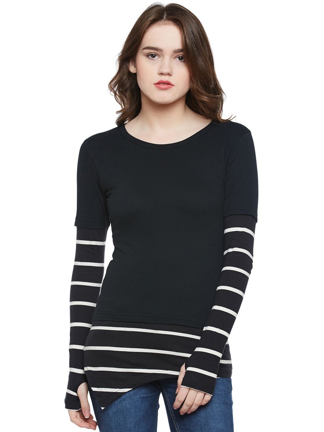 

Hypernation Women Striped Raw Edge T-shirt, Black