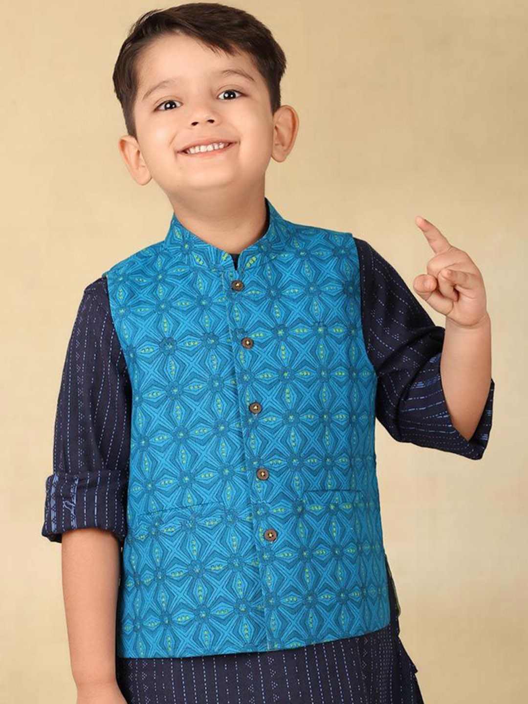 

Fabindia Boys Printed Cotton Nehru Jacket, Turquoise blue