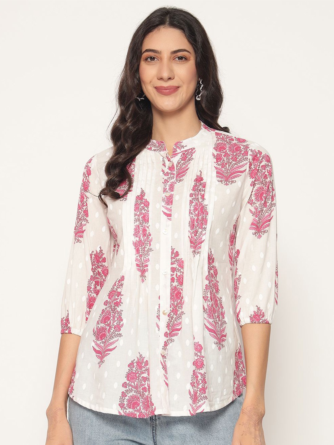 

PIDAVLIYA'S Print Mandarin Collar Cotton Top, Pink
