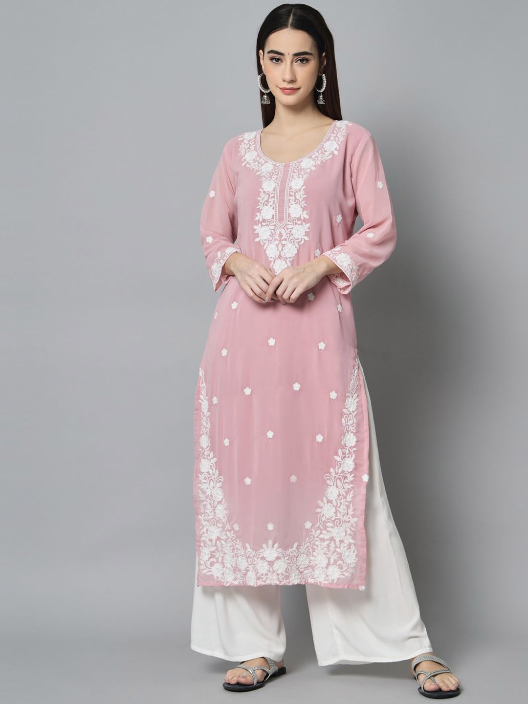 

HERE&NOW Women Floral Embroidered Thread Work Georgette Kurta, Mauve