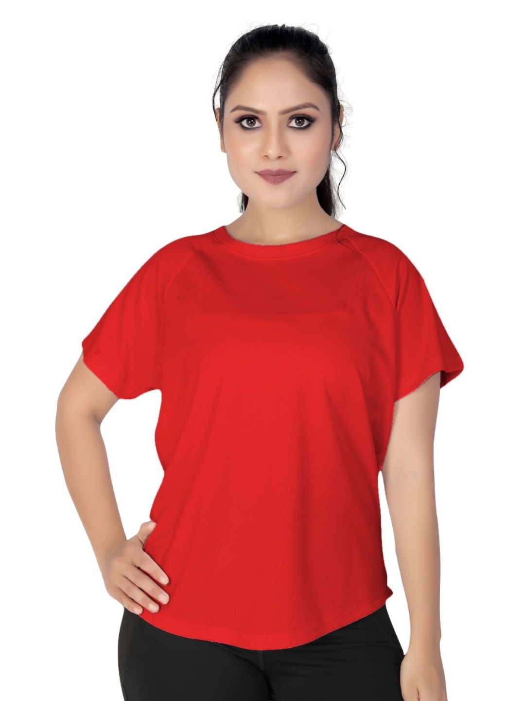 

MYO2 Women Extended Sleeves Pockets T-shirt, Red