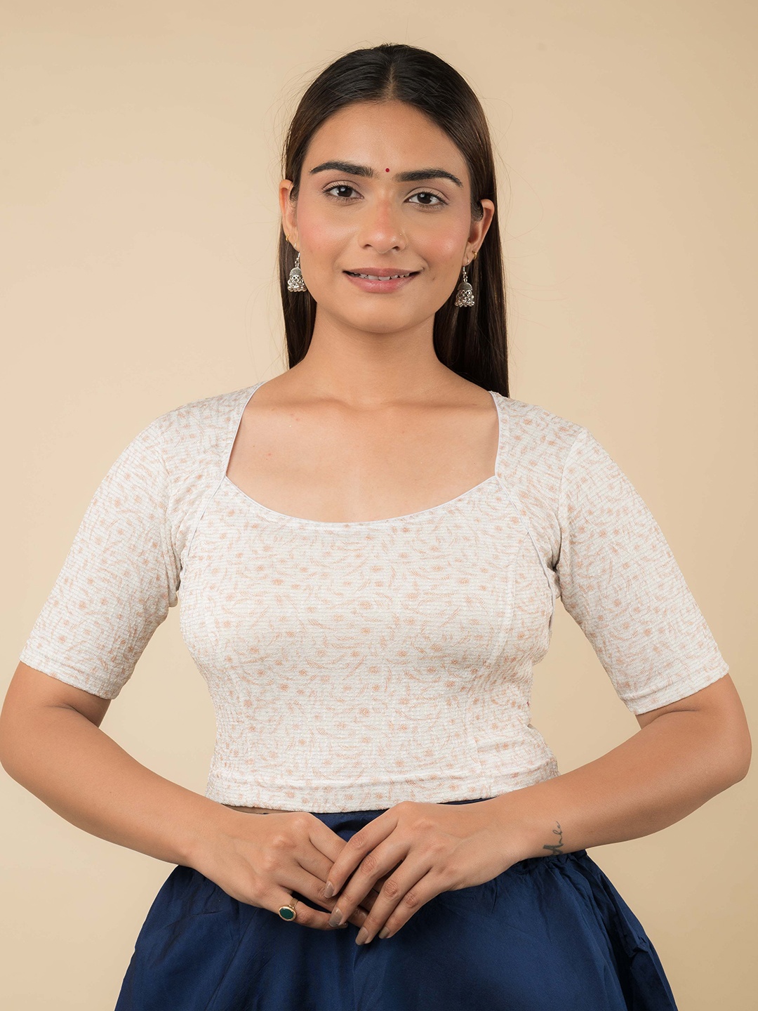 

Bindigasm's Advi Printed Stretchable Saree Blouse, White