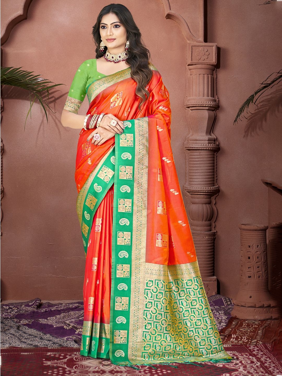 

SANGAM PRINTS Woven Design Zari Silk Blend Designer Tussar Saree, Orange