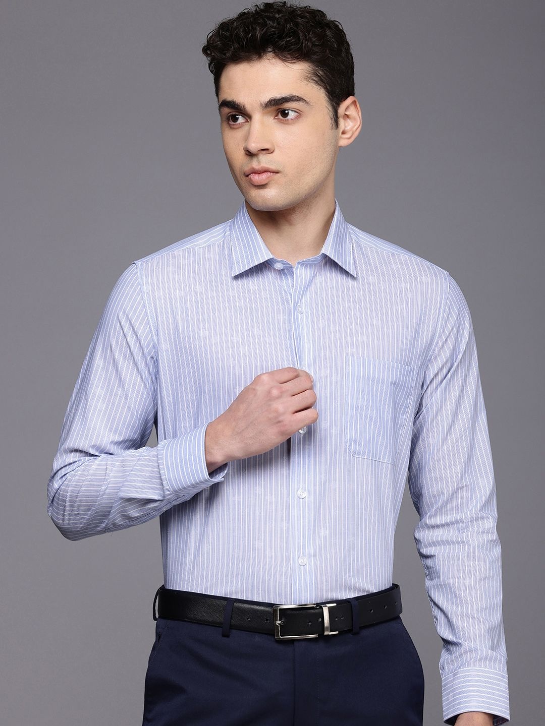 

Louis Philippe Pure Cotton Self Design Vertical Striped Slim Fit Formal Shirt, Blue