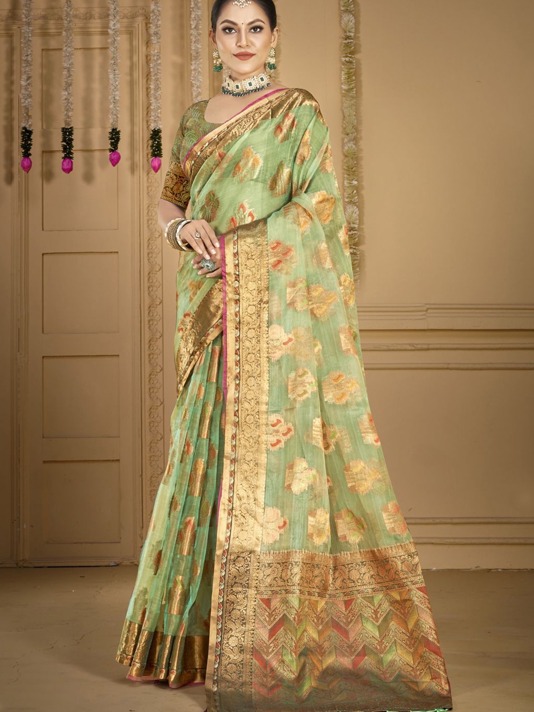 

SANGAM PRINTS Woven Design Zari Organza Tussar Saree, Sea green