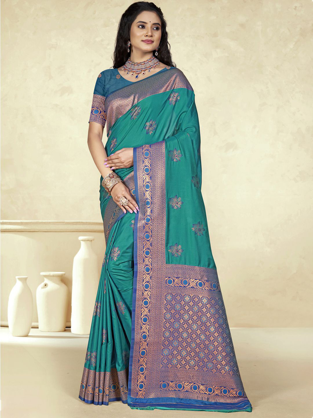 

SANGAM PRINTS Woven Design Zari Silk Blend Tussar Saree, Blue