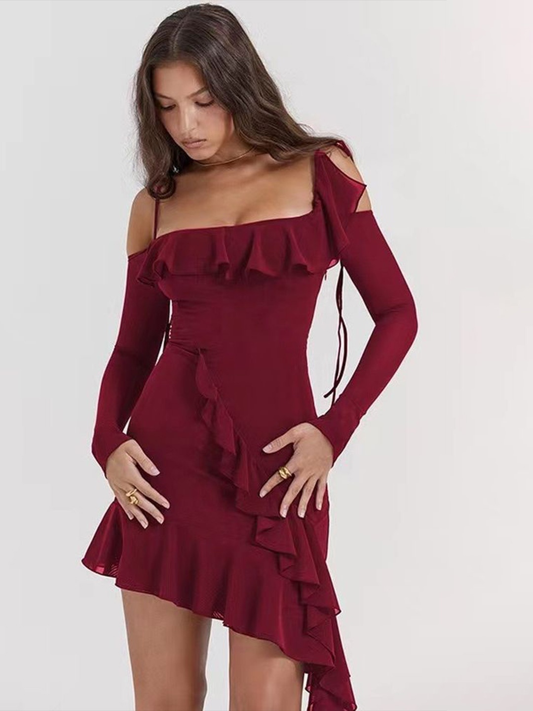 

LULU & SKY Women Off-Shoulder Sheath Dress With Ruffles Detailed, Maroon