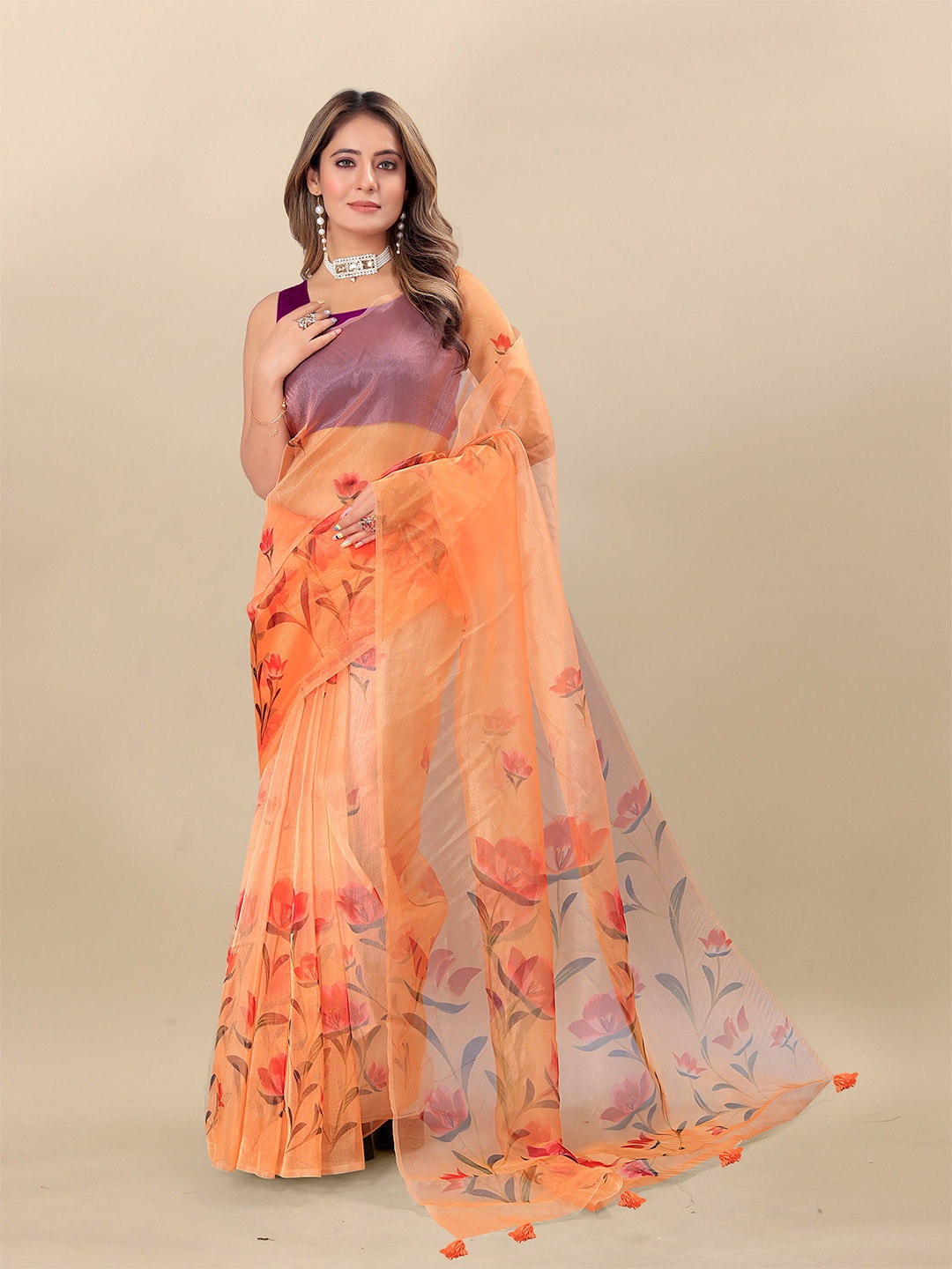 

Anouk Floral Organza Saree, Rust
