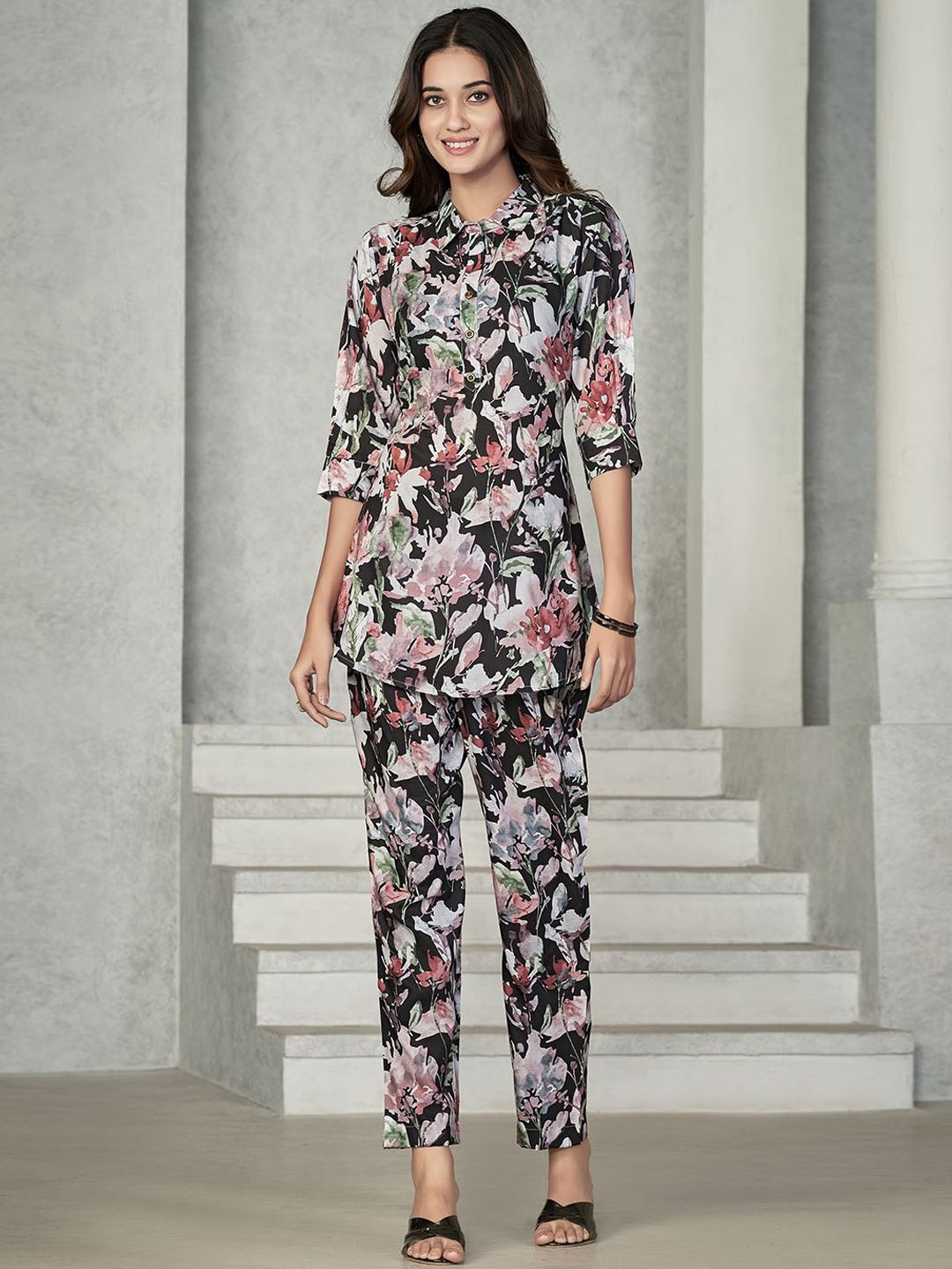 

all about you Shirt Collar Printed Tunic & Trousers, Purple
