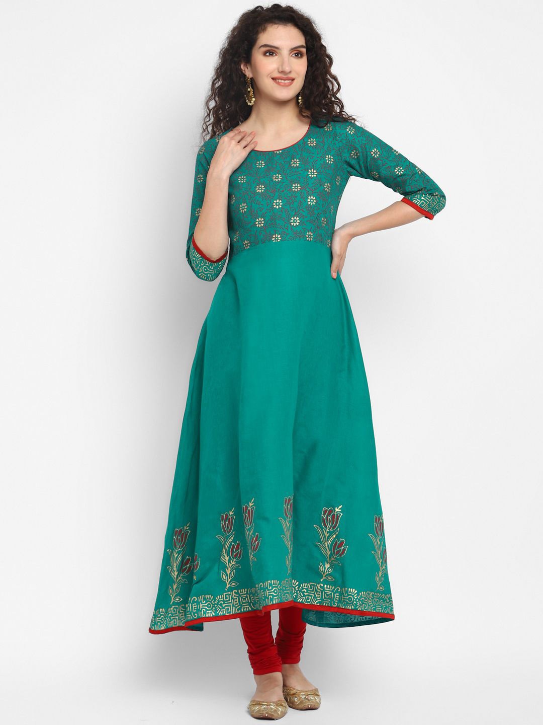 

CROESUS Women Block Printed Cotton Anarkali Kurta, Teal