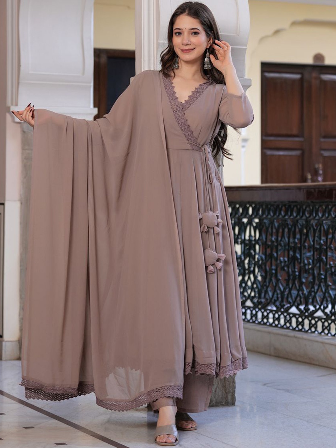 

Emaira Women Pleated Gotta Patti Kurta with Trousers & With Dupatta, Beige