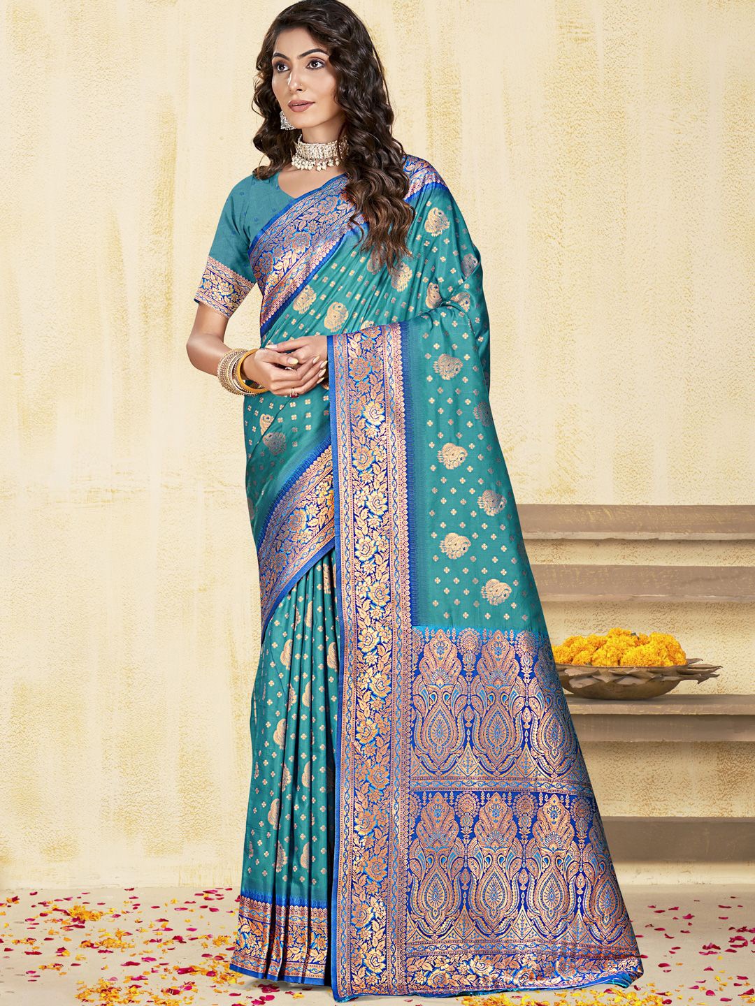 

SANGAM PRINTS Woven Design Zari Silk Blend Designer Tussar Saree, Blue