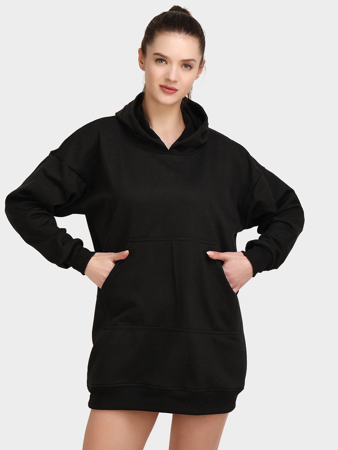 

Raxedo Women Fleece Oversized Mini Hooded Sweatshirt Dress, Black