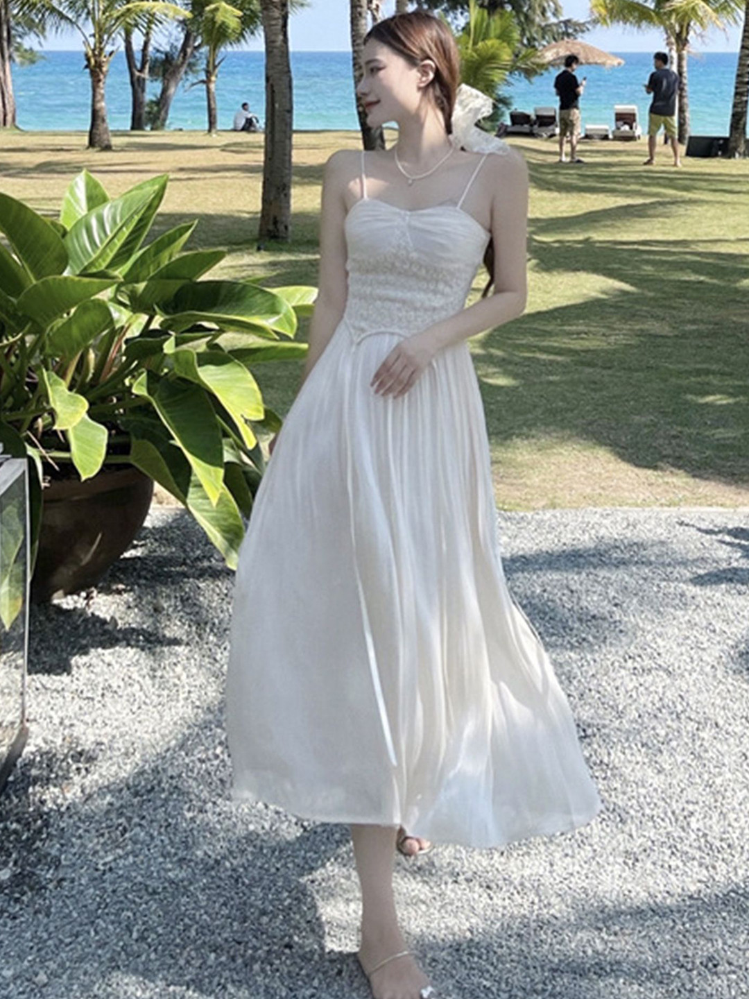 

LULU & SKY Women Shoulder Straps Fit & Flare Maxi Dress, Beige