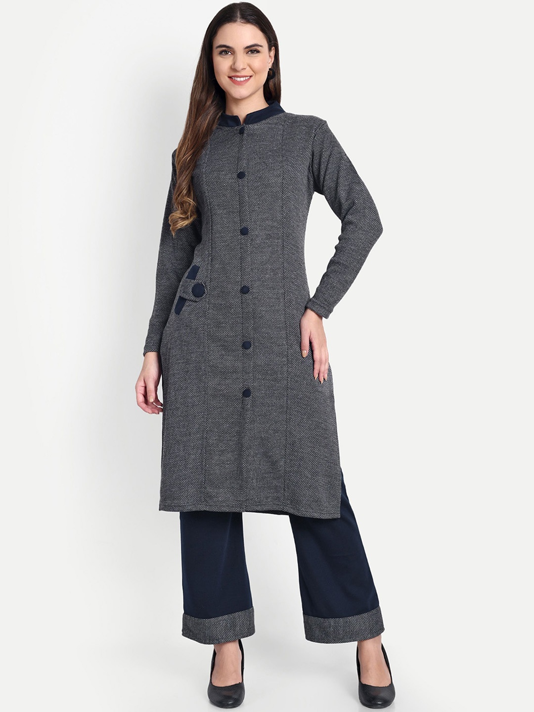 

HAUTEMODA Women Regular Pure Wool Kurta with Trousers, Navy blue