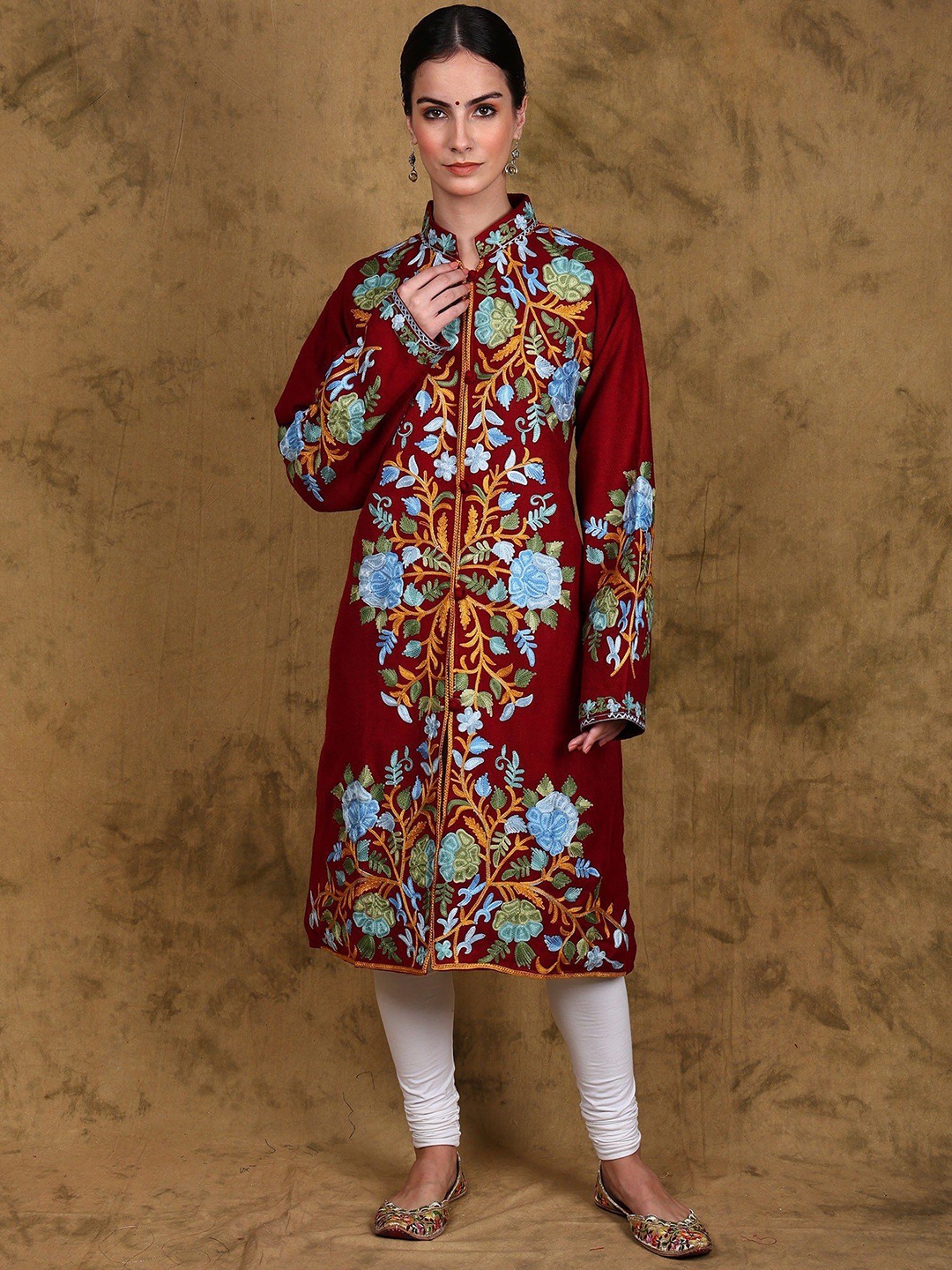 

Exotic India Wool Long Jacket from Kashmir with Multicolor Aari Embroidered Floral Motifs, Red