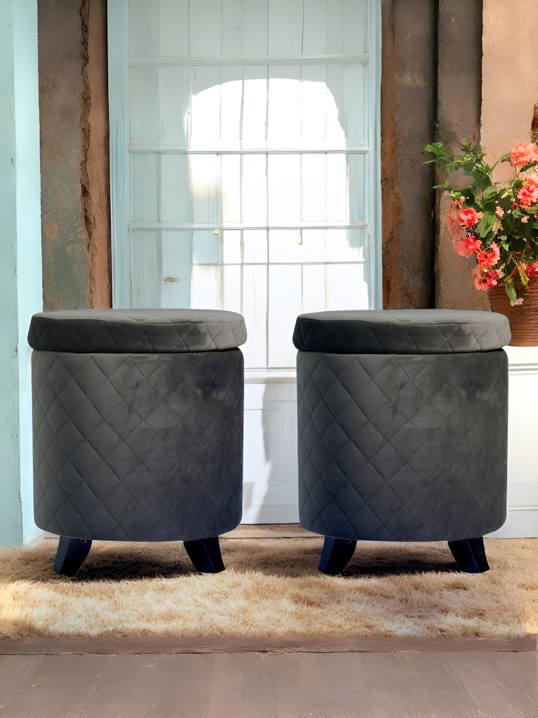 

Ikiriya 2-Pcs Black Wooden Round Ottomans, Grey