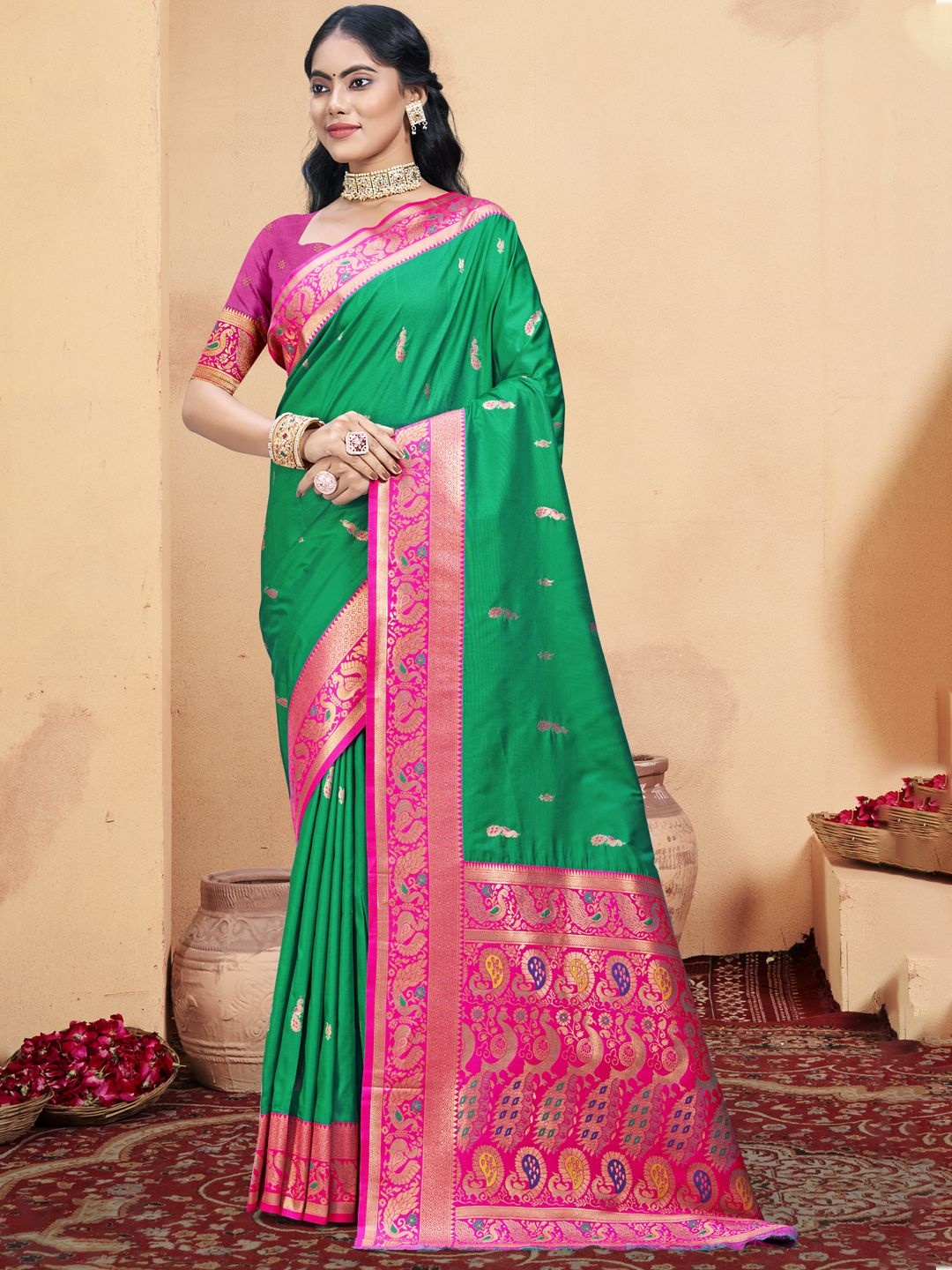 

SANGAM PRINTS Floral Zari Silk Blend Tussar Saree, Green
