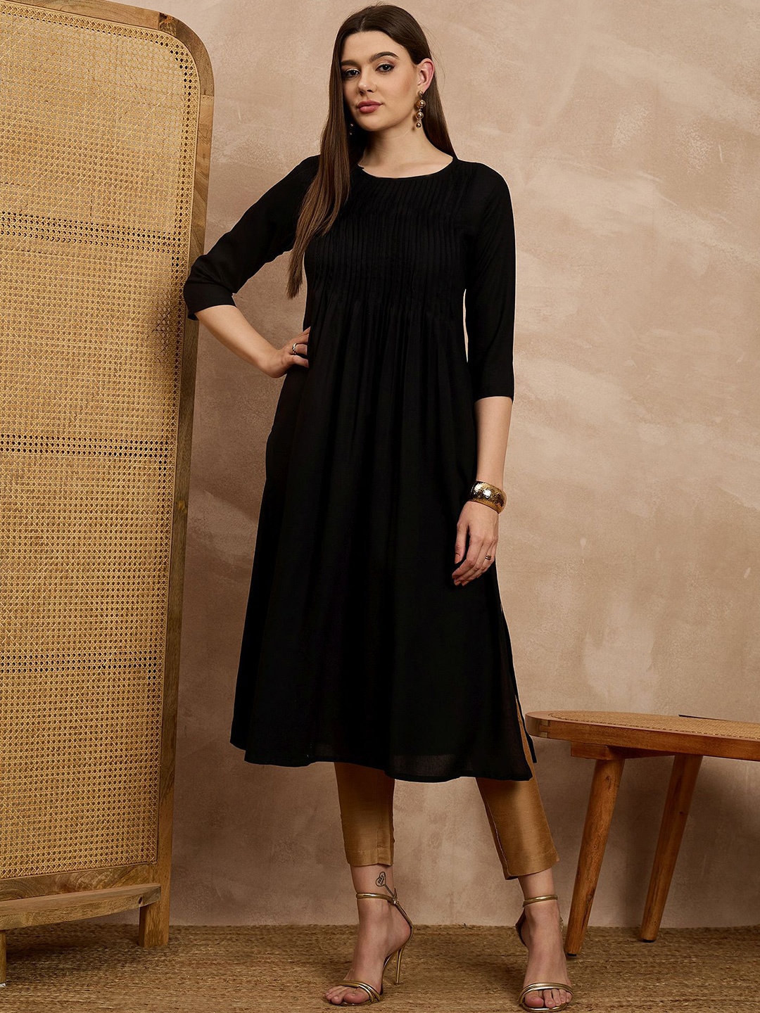 

all about you Women Round Neck Kurta With Pin Tucks, Black