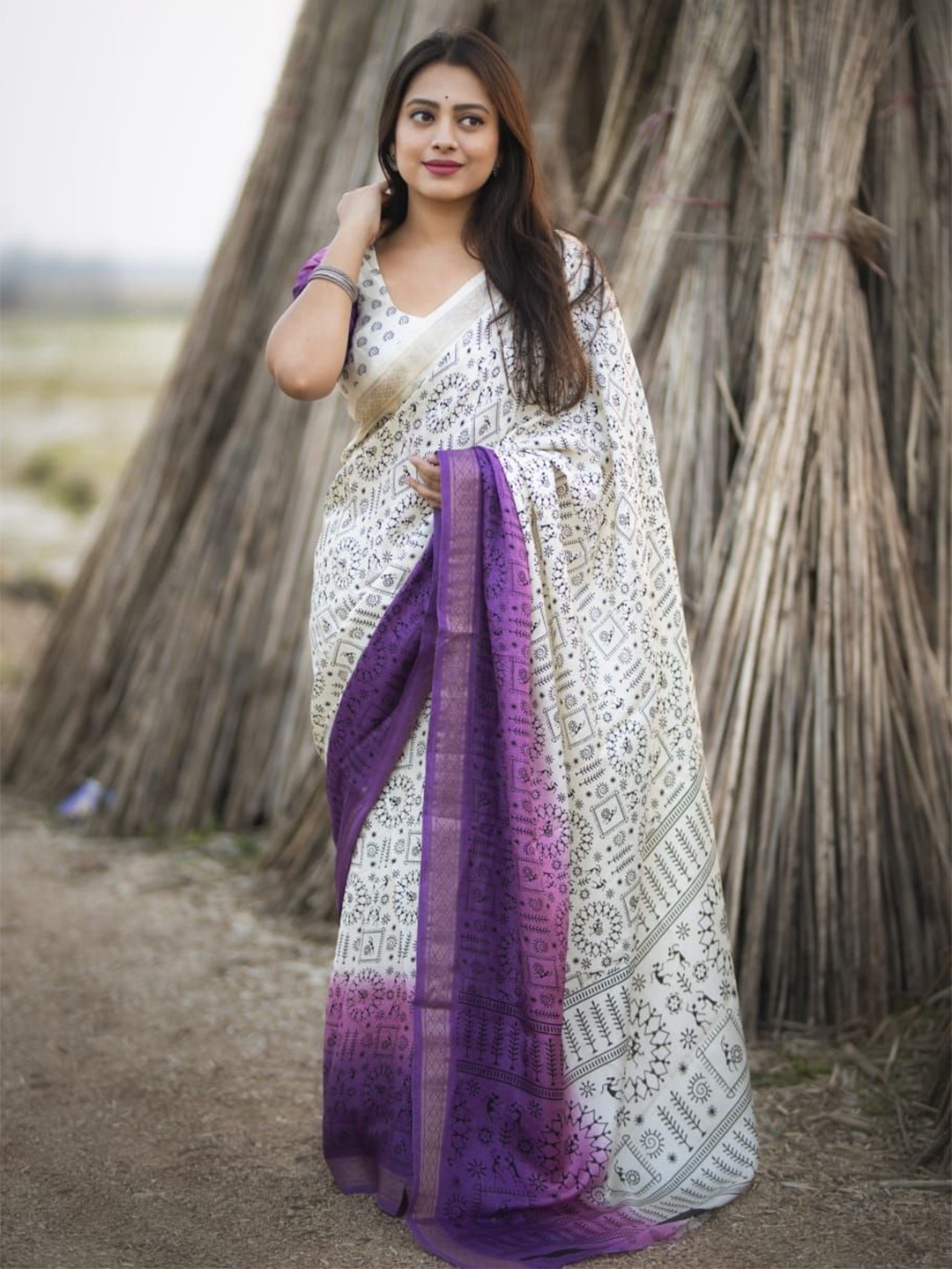 

STAVA CREATION Warli Zari Pashmina Saree, Lavender