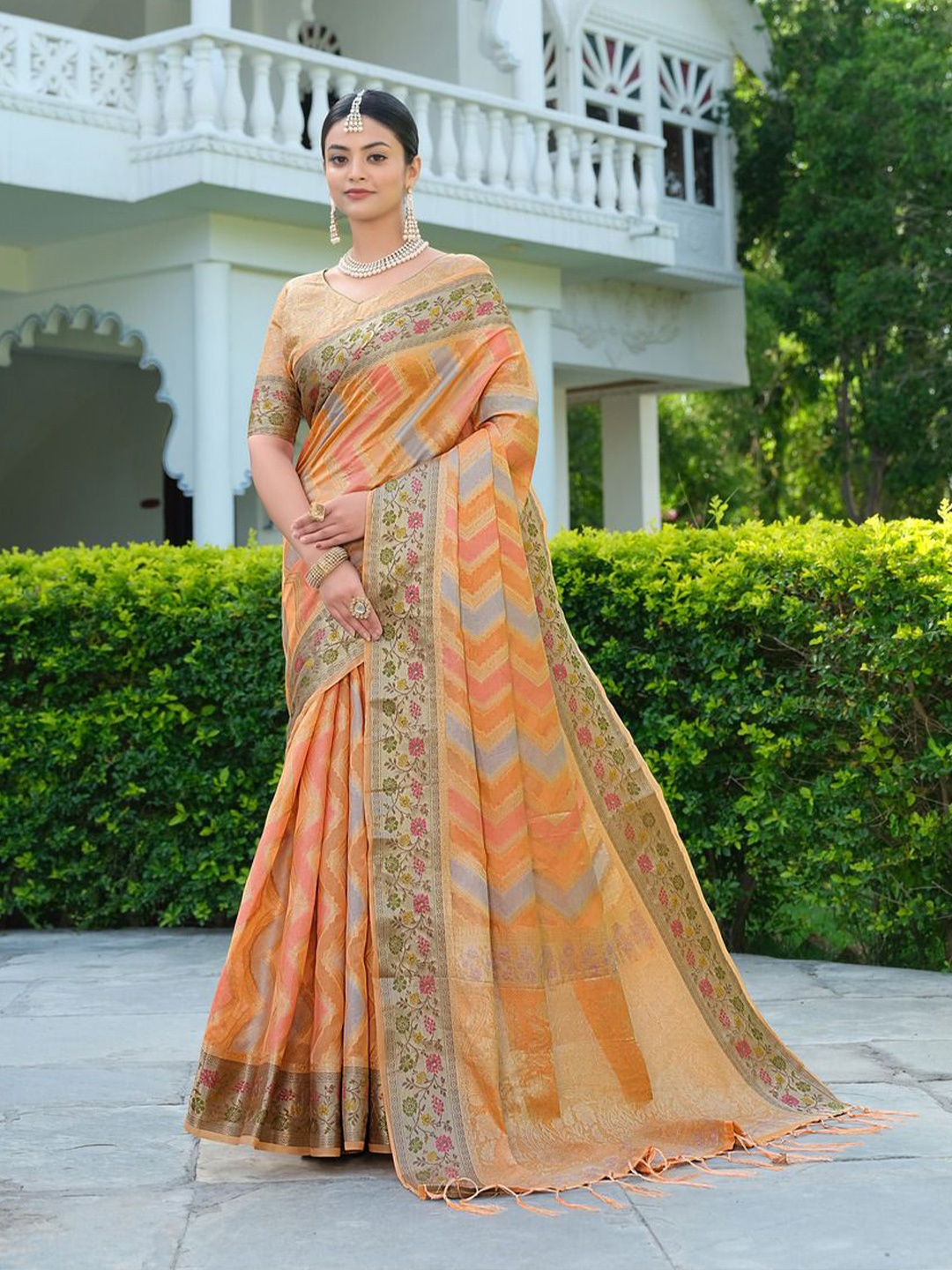 

ISHIKA FAB Woven Design Zari Organza Banarasi Saree, Orange