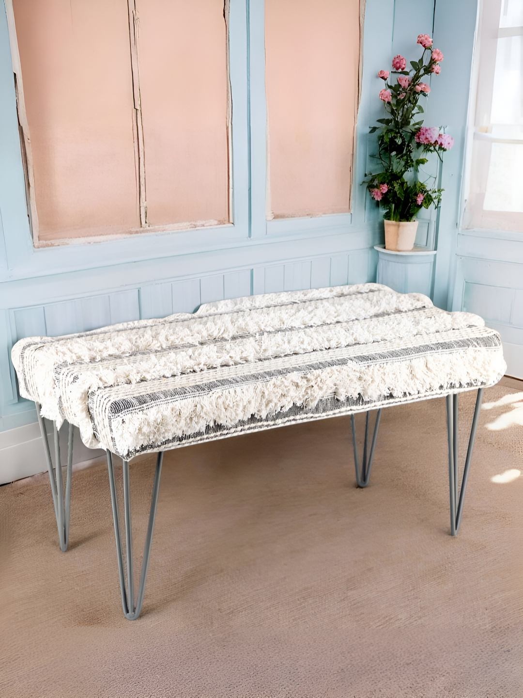 

Ikiriya Grey & White Mid Century 2 Seater Bench With Metal Legs