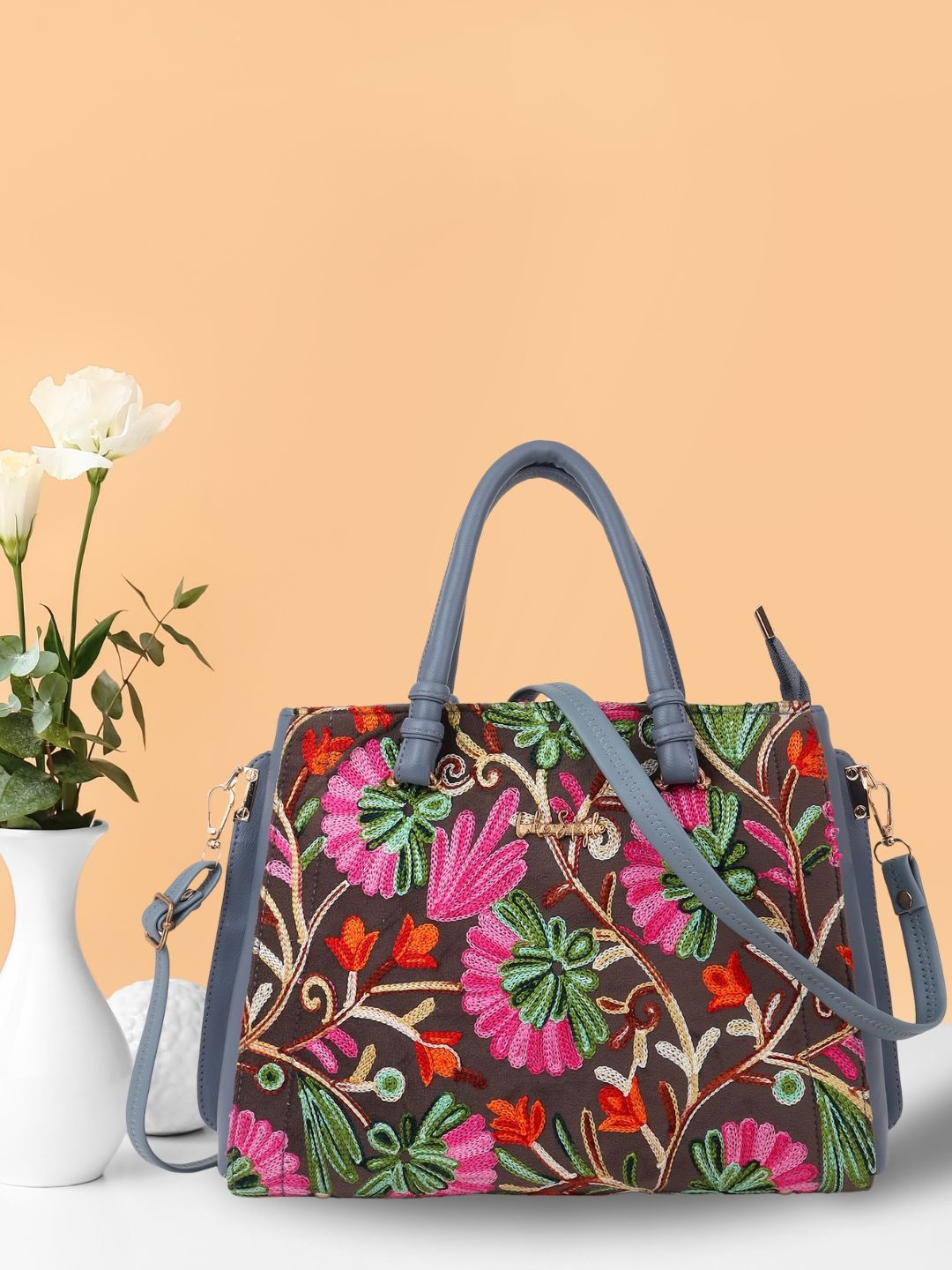 

LIKE STYLE Ethnic Motifs Textured Structured Shoulder Bag, Grey