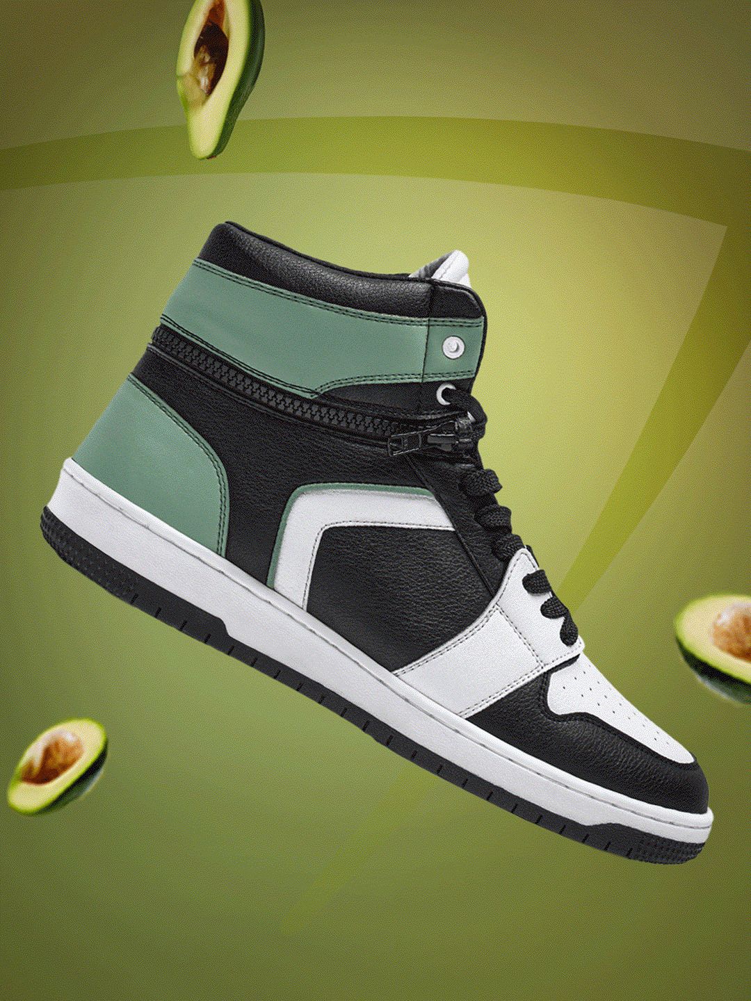 

Bewakoof Men Green & Black Avocado Convertible Color Block High Top Sneakers