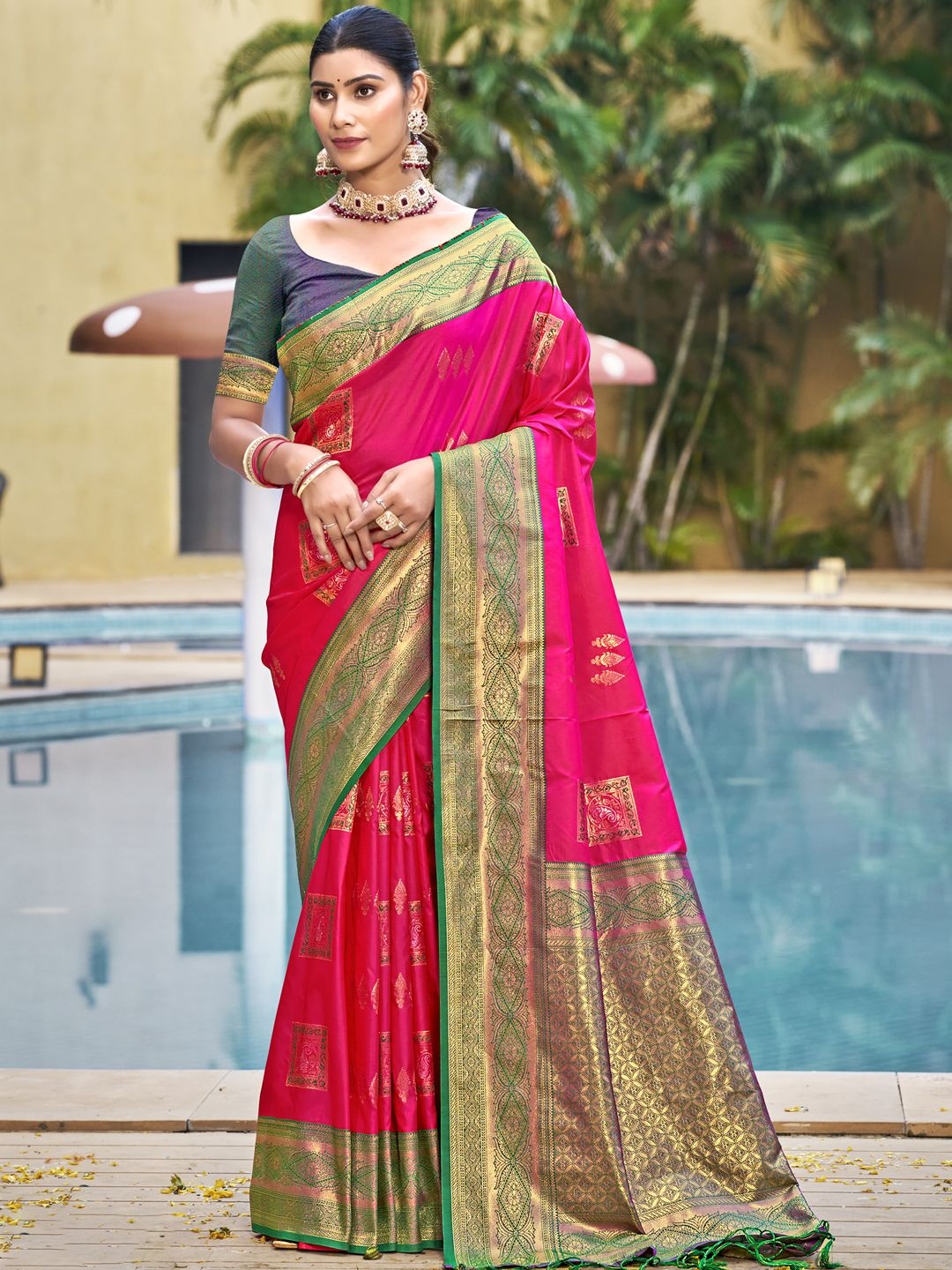 

SANGAM PRINTS Floral Zari Silk Blend Tussar Saree, Rose