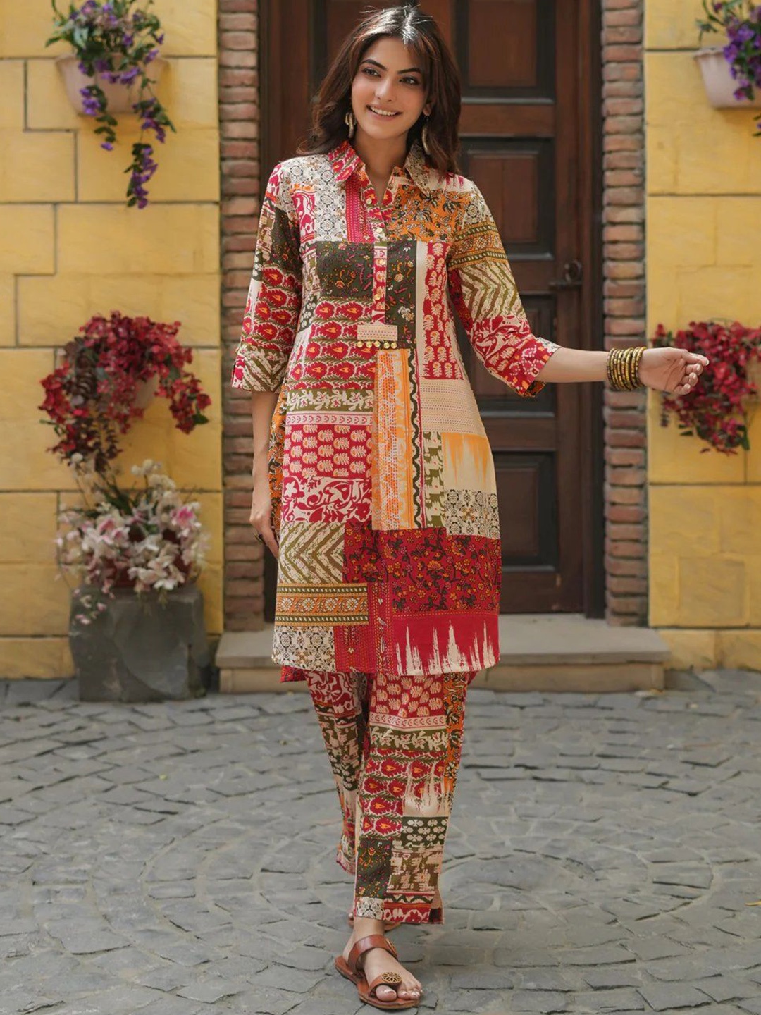 

all about you Printed Shirt Collar Tunic & Trousers, Yellow