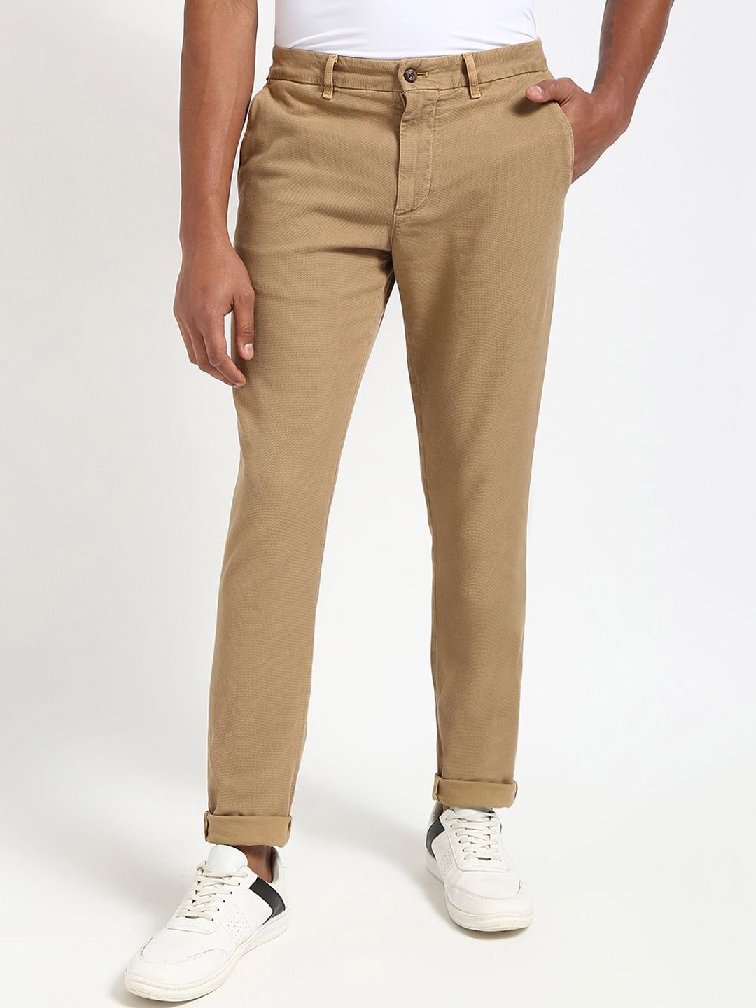 

Tommy Hilfiger Men Cotton Regular Fit Mid-Rise Trousers, Beige