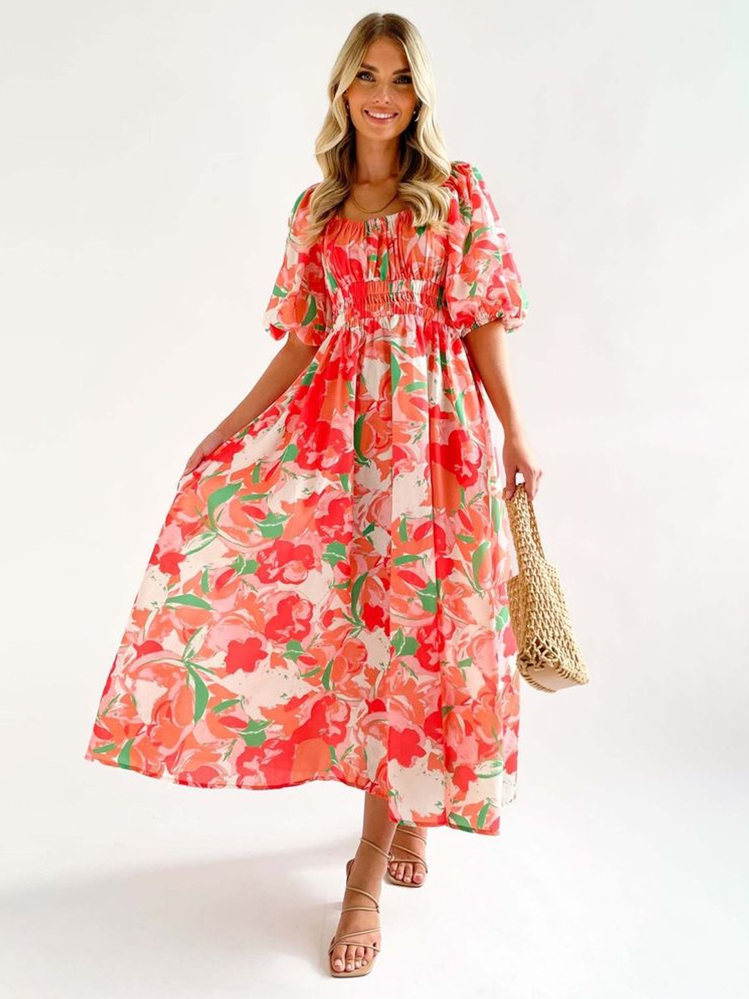 

LULU & SKY Women Floral Printed Puff Sleeves Dress, Red