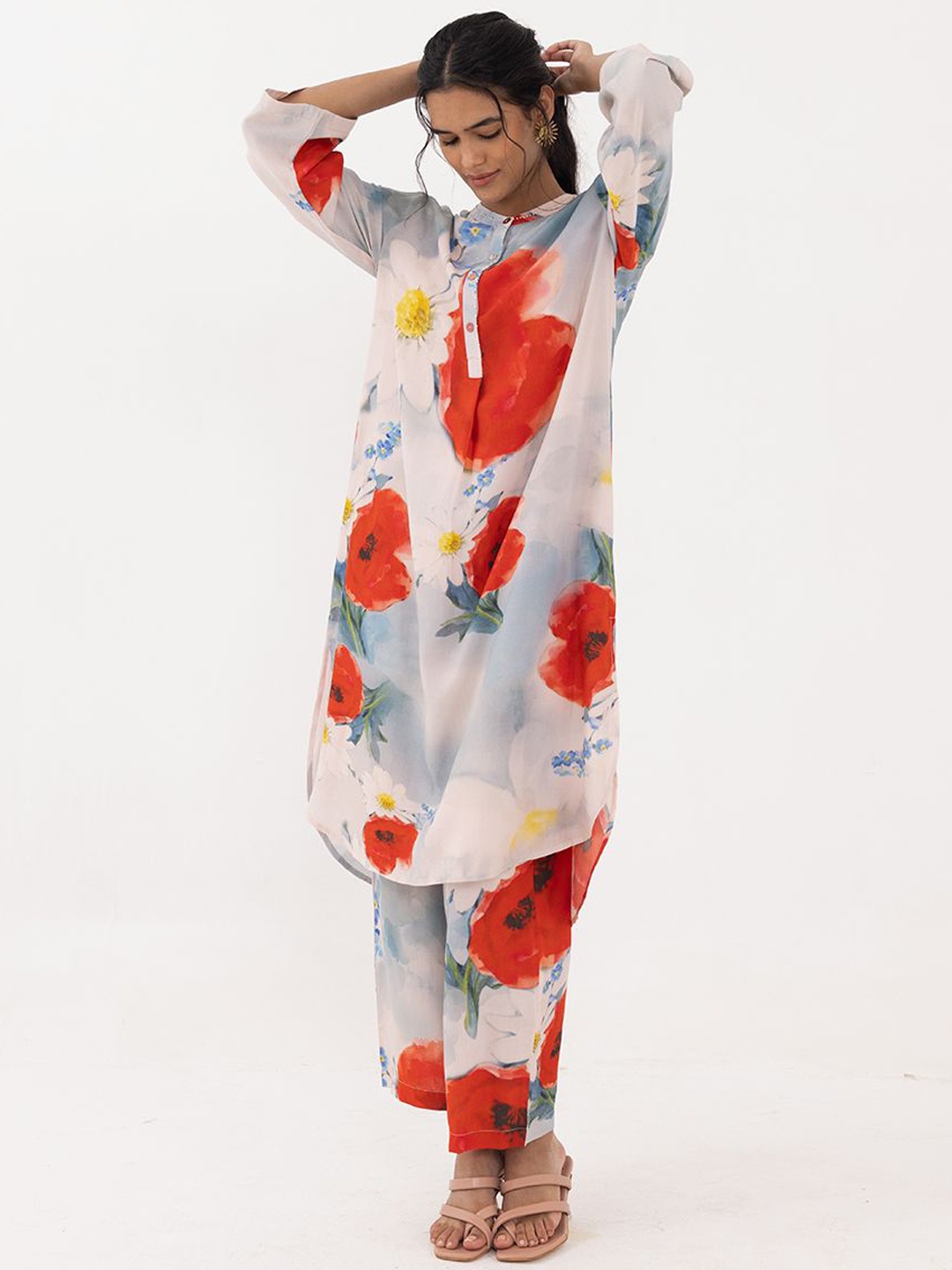 

THR3Letter Floral Printed Band Collar Long Sleeves Top & Trouser, Orange
