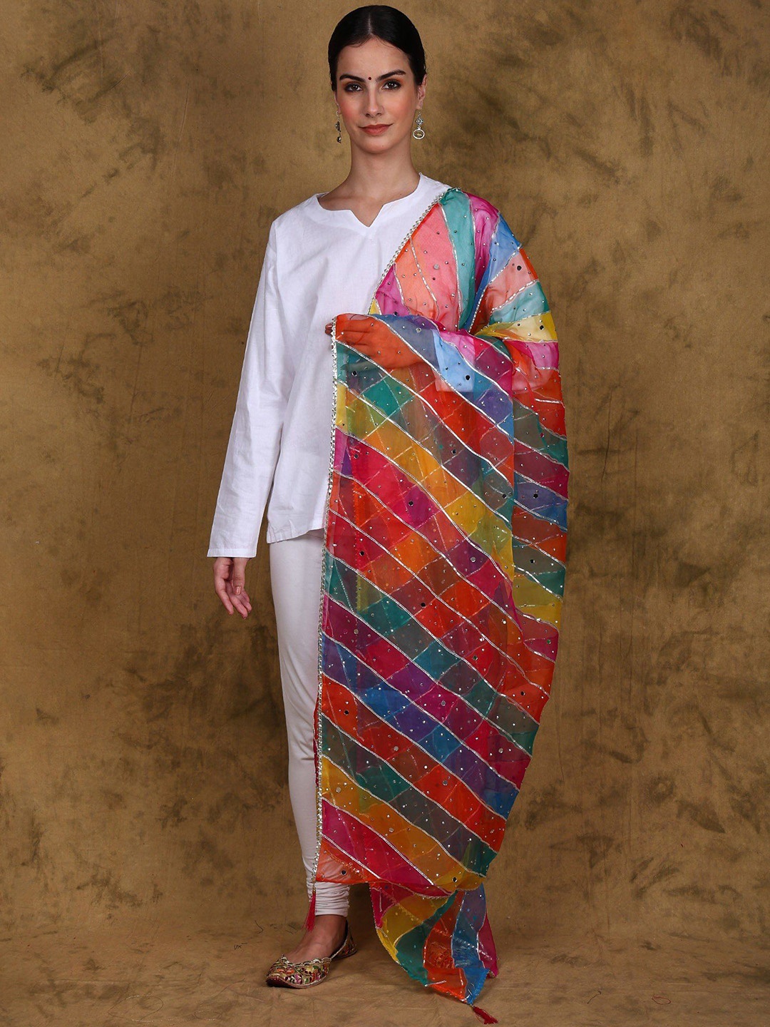 

Exotic India Leheriya Bead Mirror work Dupatta with Gotta Patti Border, Yellow
