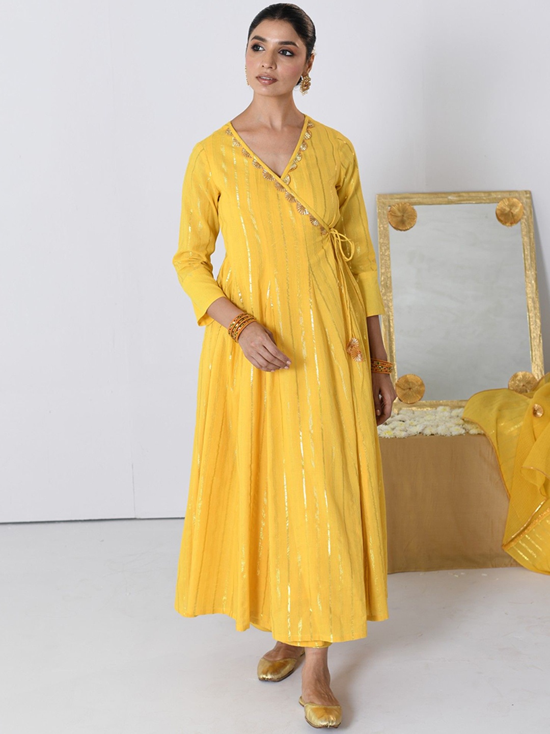 

PINK CACTII Women Angrakha Kurta with Pyjamas & With Dupatta, Yellow