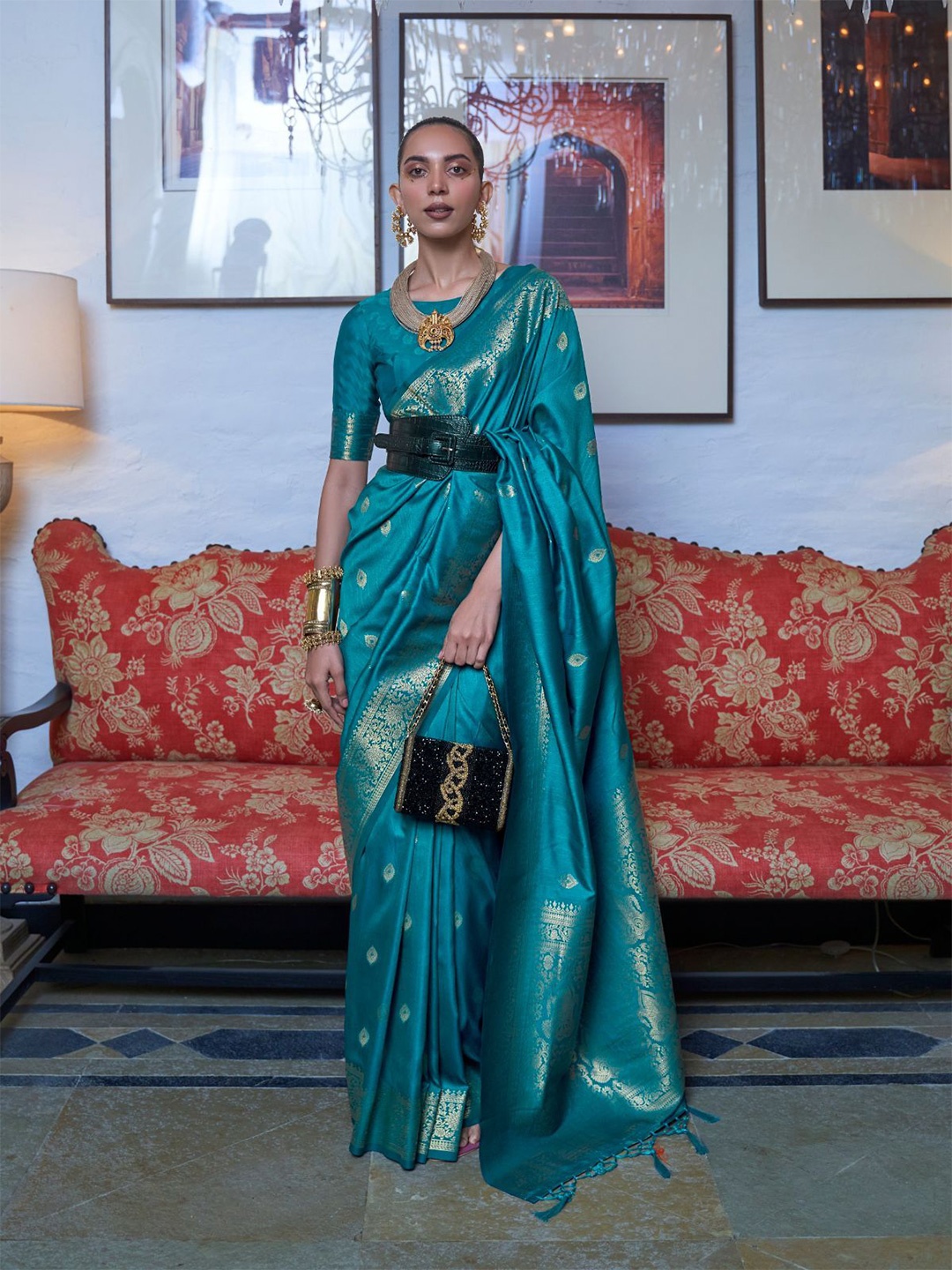 

ODETTE Woven Design Zari Silk Blend Saree, Green