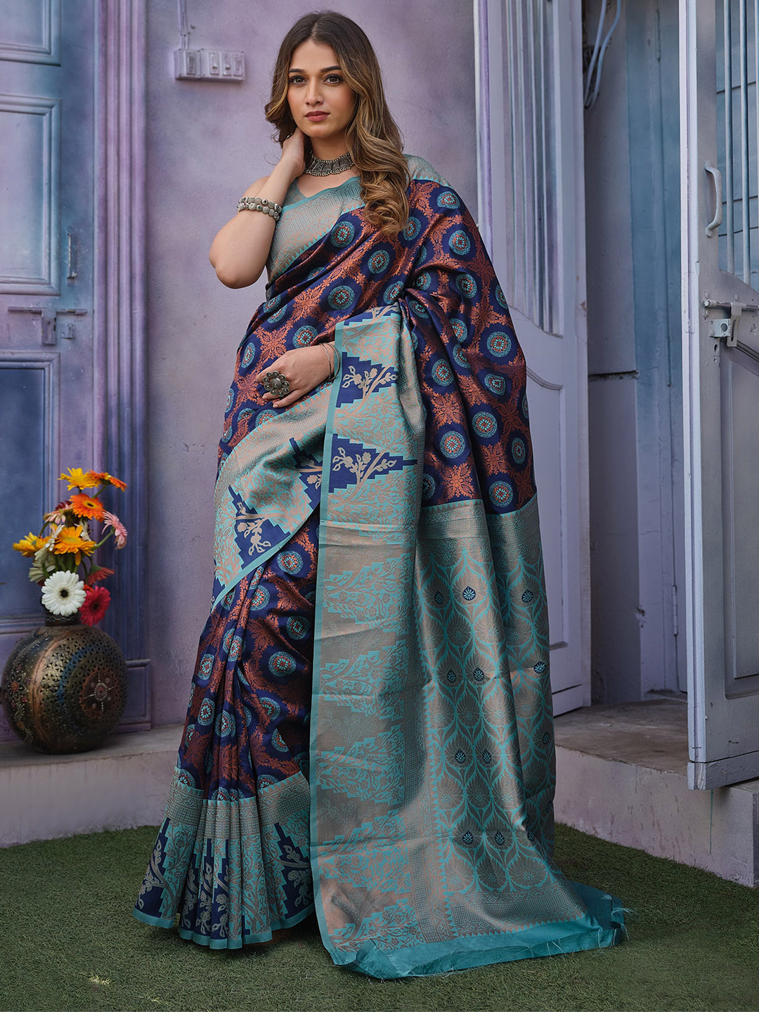 

Jinax Woven Design Zari Pure Silk Banarasi Saree, Blue